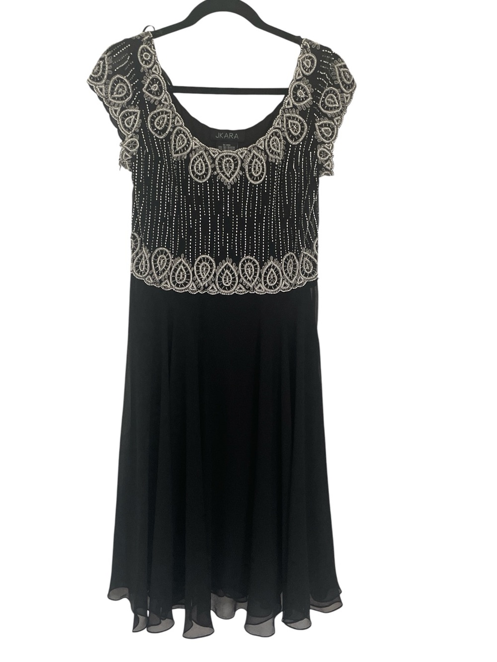 New J Kara Black Chiffon Dress with Silver Beaded Yoke and cap sleeves size 8